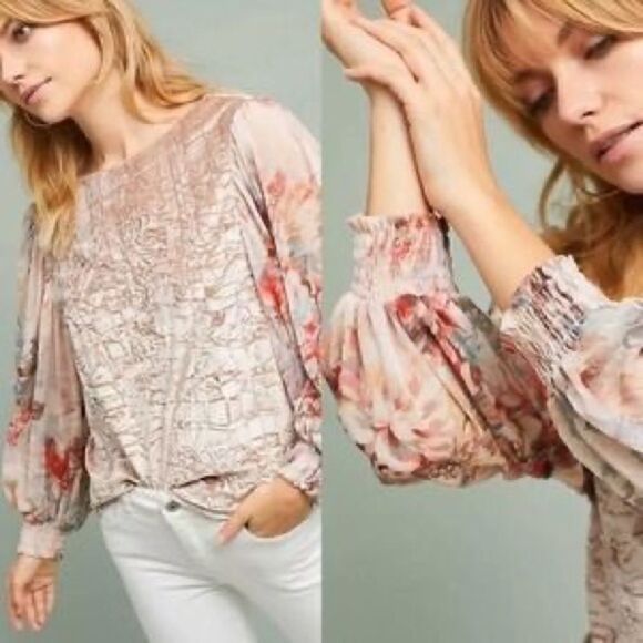 Anthropologie | Meadow Rue crushed velvet sheer balloon sleeve top | S - Picture 3 of 9